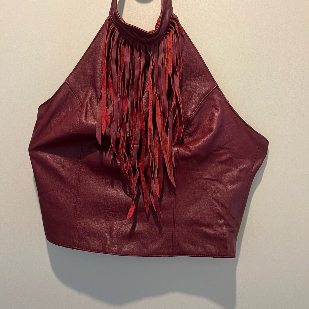 Fringed Halter Leather Top in Burgundy vintage 90s